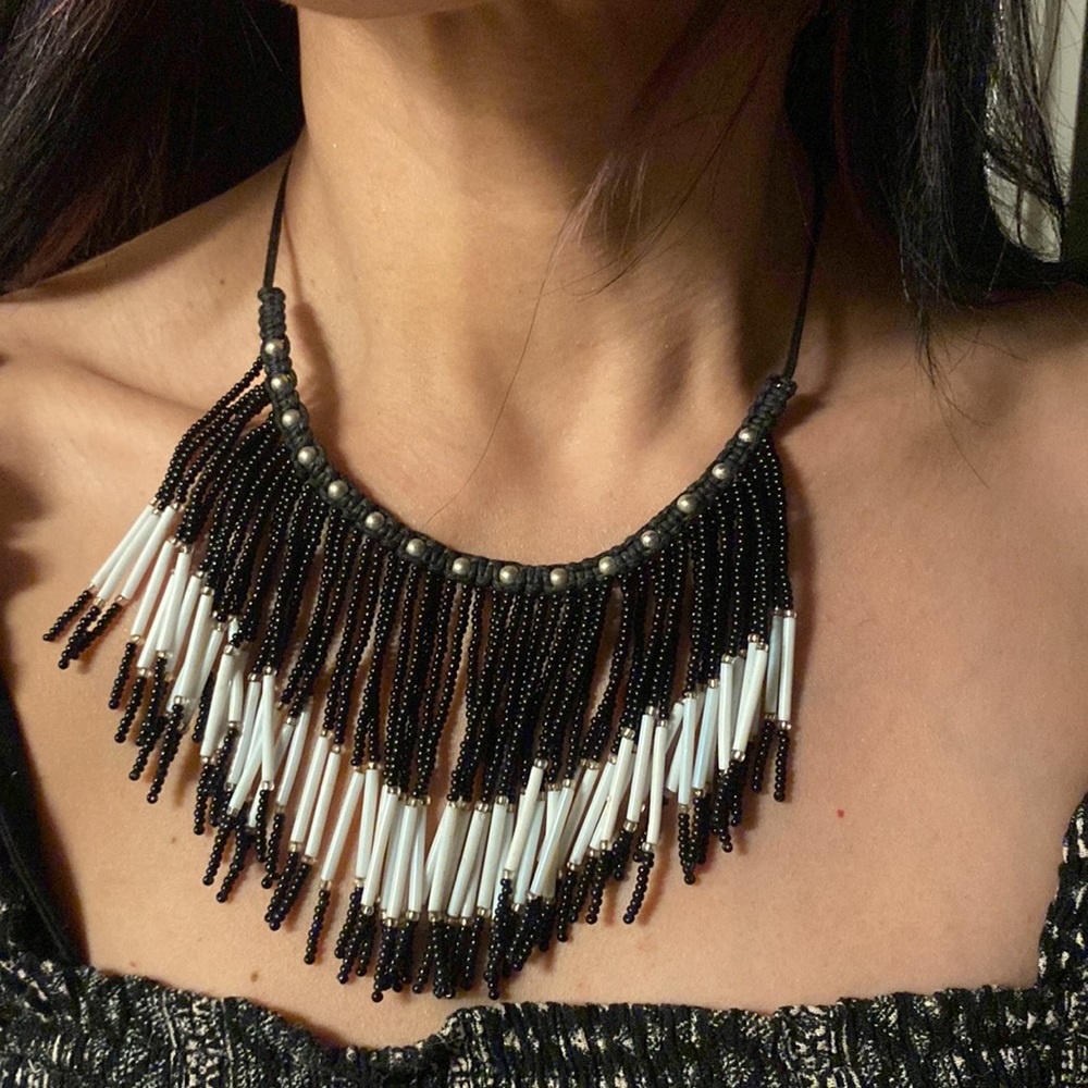 Boho Black and white beaded fringe necklace